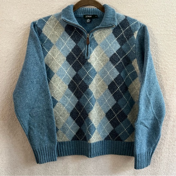 J. Crew 100% Lambs Wool Blue and Gray Argyle Plaid Quarter Zip Sweater Women’s M - Picture 2 of 11